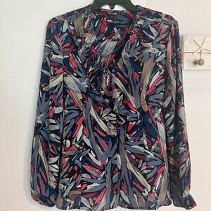 NIC+ZOE Ruffled Blue and Pink Long Sleeve Blouse